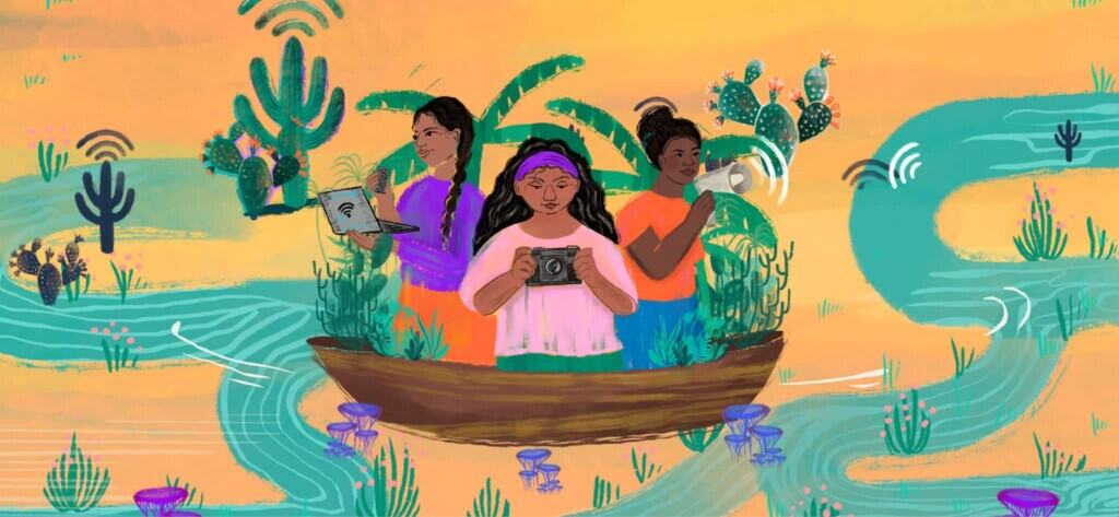 Illustration of three women in a wooden boat surrounded by desert plants, cacti, and flowing water. Each woman is engaged with digital tools—one holds a laptop and smartphone, another uses a camera, and the third holds a megaphone. Wireless signal symbols are integrated into the landscape, symbolizing digital connectivity in a natural setting.