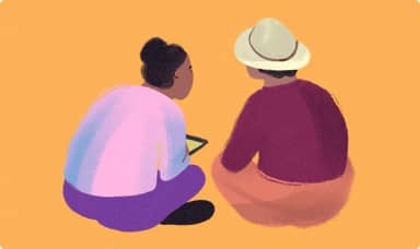 Illustration of two people sitting on the ground against an orange background, engaged in conversation while looking at a tablet. One person wears a white hat, symbolizing rural or traditional community settings, while the scene suggests knowledge sharing or digital learning.