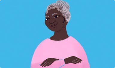 An illustrated portrait of an older Black woman with short, curly white/gray hair. She's wearing a light pink top and has her arms crossed in front of her. The illustration has a simple, clean style with a bright blue background. The woman has a warm, gentle smile on her face, giving her a kind and confident expression. The art style is somewhat minimalist with clean lines and solid color blocks.